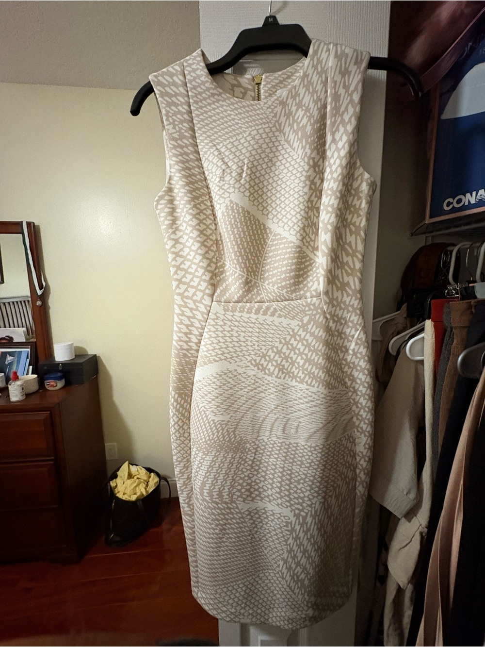 Sleeveless Beige & Cream Patterned Sheath Dress